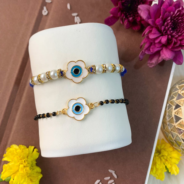 Etnico I Jewels Designer Enamel Floral Evil Eye Bhaiya Bhabhi Mangalsutra Bracelet Rakhi Set With Roli Chawal & Rakshabandhan Card For Brother/Bro/Men (R133-CO)