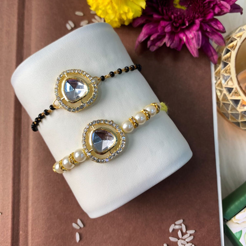 Etnico I Jewels Elegant Kundan Stone Bhaiya Bhabhi Mangalsutra Bracelet Rakhi Set With Roli Chawal & Rakshabandhan Card For Brother/Bro/Men (R138-CO)