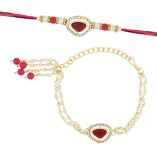 Etnico I Jewels Designer Kundan & Pearl Hanging Bhaiya Bhabhi Lumba Rakhi Set with Roli Chawal and Rakshabandhan Card (R141R-CO)