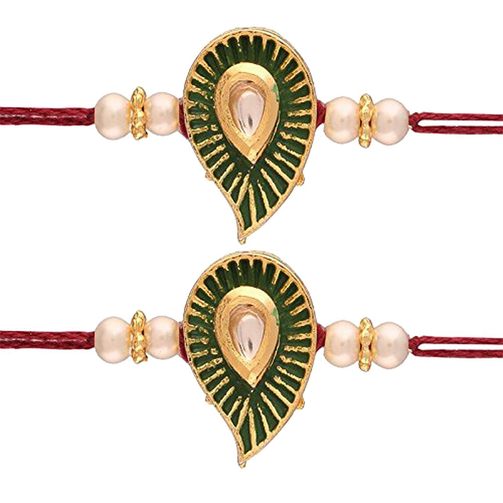 Etnico Gold Plated Kundan Pearl Meena Work Rakhi Bracelets for Boys & Kids (R606-2) (Pack of 2)