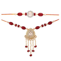 Etnico Gold Plated Pearl and Kundan Rakhi Set for Bhaiya Bhabhi (R617CO)