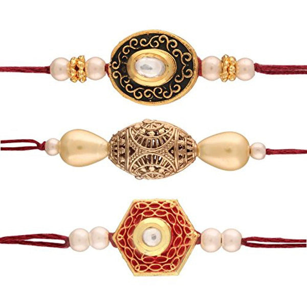 Etnico Gold Plated Pearl And Stone Studded Set of 3 Rakhi for Beloved Brother (R628CO)