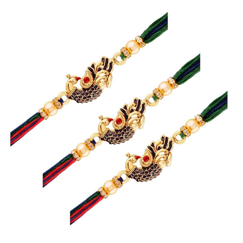 Etnico 18k Gold Plated Designer Multi-colour Peacock Rakhi for Men/Brother (R702-3) (Pack of 3)