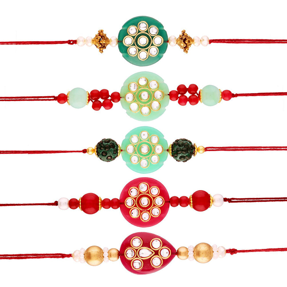 Etnico Gold Plated Designer Kundan Multi-Colour Rakhi For Men/Boys Pack Of 5 (R728CO)