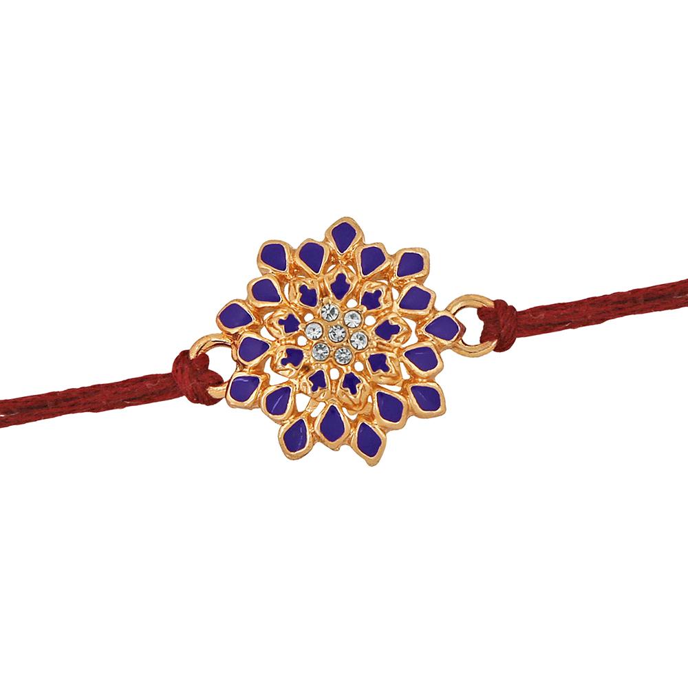 Mahi Blue Meenakari Flower Rakhi with White Crystals for Adorable Brother (RA1100632Z)