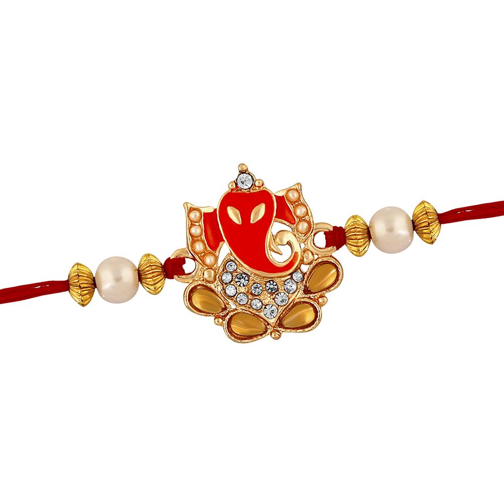 Mahi Spiritual Lord Ganesha Rakhi with Crystal and Artificial Pearl for Adorable Brothers (RA1100633Z)