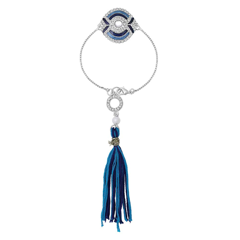 Mahi Blue Meena Work Enamel Lumba Rakhi for Bhabhi with Crystals Tassel (RAL1100673R)