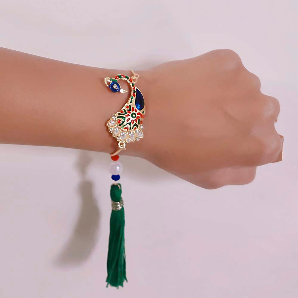 Mahi Peacock Shaped Meenakari Work Lumba Rakhi for Bhabhi (RAL1100679G)