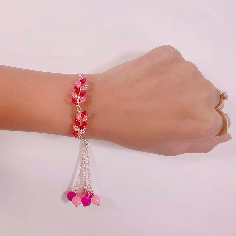 Mahi Light and Dark Pink Leafe Shape Crystals Lumba Rakhi for Bhabhi (RAL1100681Z)