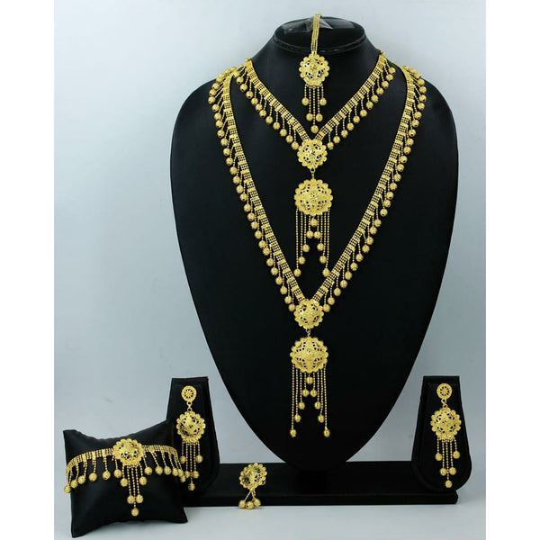 Radhe Creation Forming Gold Plated Double Necklace Set With Maangtikka, Rings & Bracelet Combo