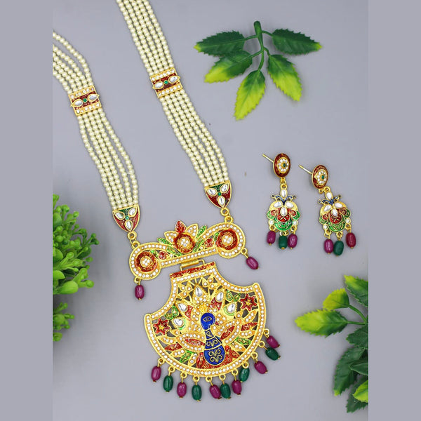 Radhe Creation Gold Plated Pink & Green Beads Pearl Long Necklace Set