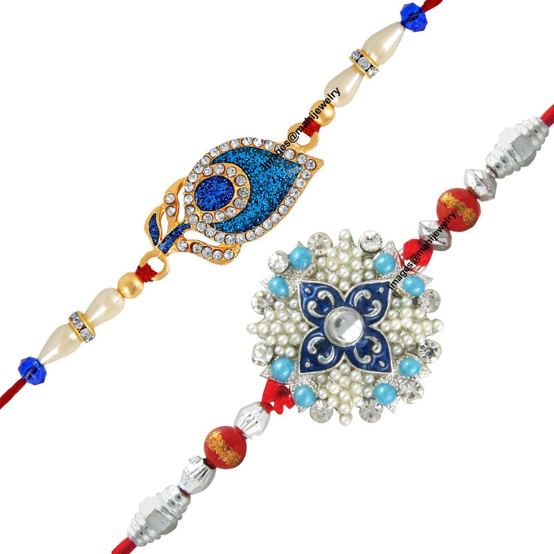 Mahi Combo of 2 Exquisite Designer Peacock Feather and Floral Inspired Crystal Studded Bhaiya Bhabhi Rakhi (Bracelet) RCO1104972M