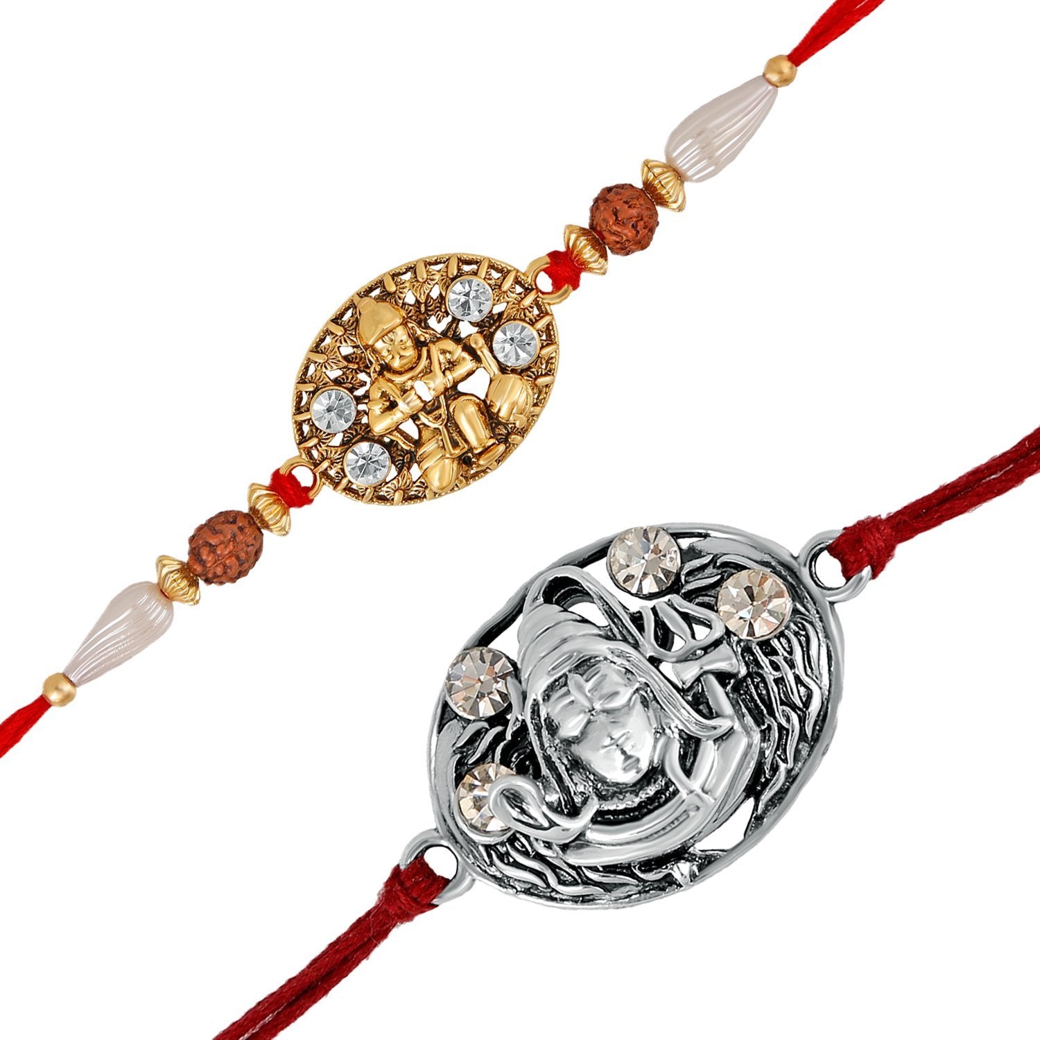 Mahi Combo of Lord Hanuman and Shiva Rakhis with Crystals and Rudraksha for Adorable Brothers RCO1105116M
