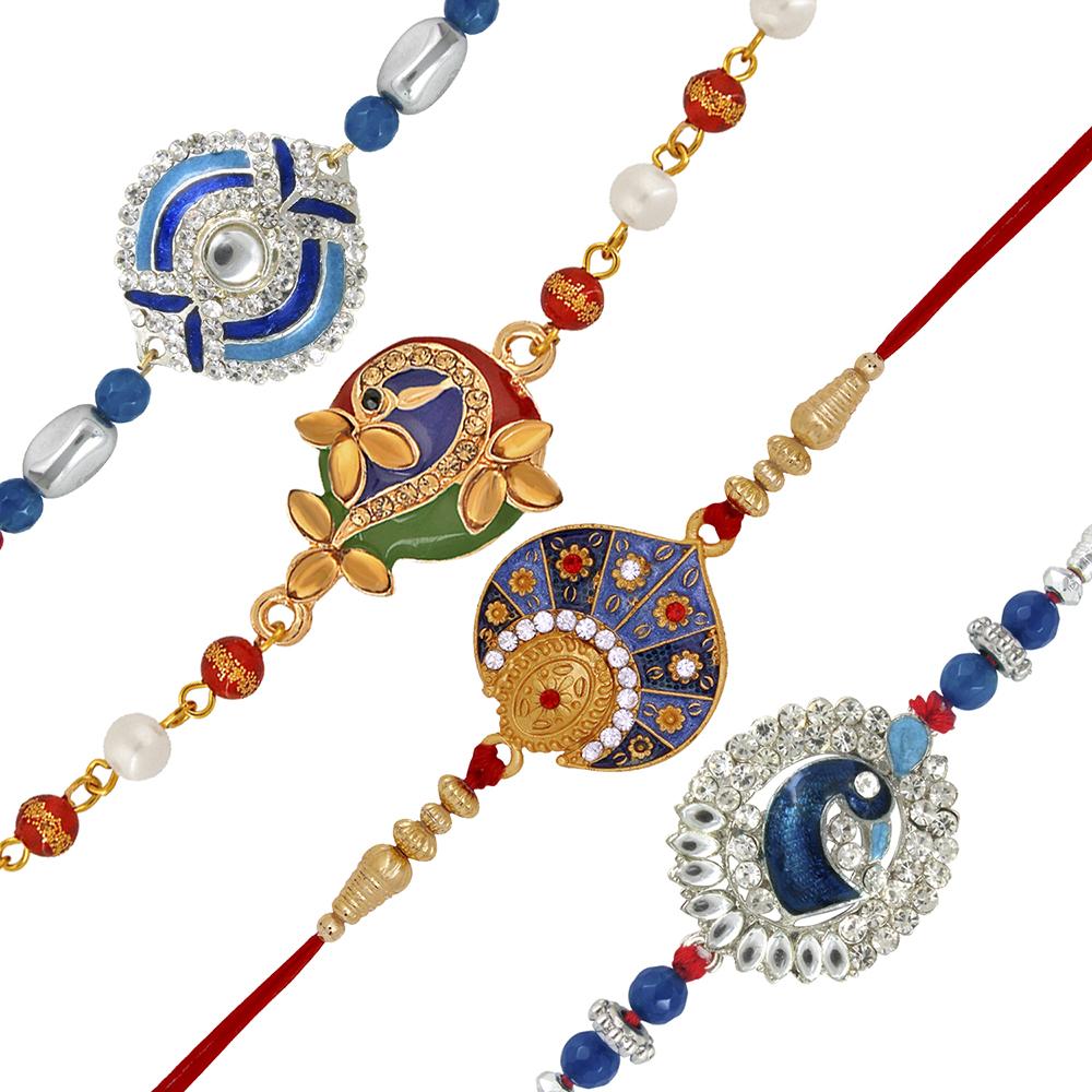 Mahi Combo of Four Designer Rakhis with Meenakari Work Crystals and Artificial Beads for Bhai (RCO1105241M)