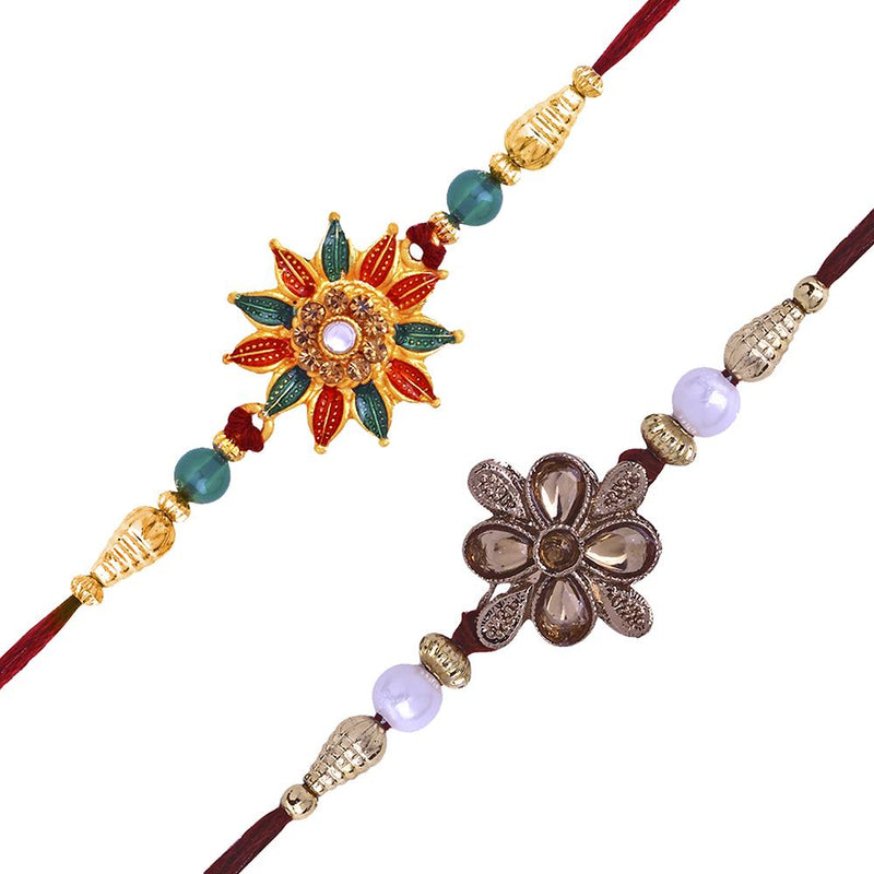 Mahi Blue Meenakari Work and White Crystal, Artificial Pearl Round Rakhi for Bhaiya (RA1100629Z)