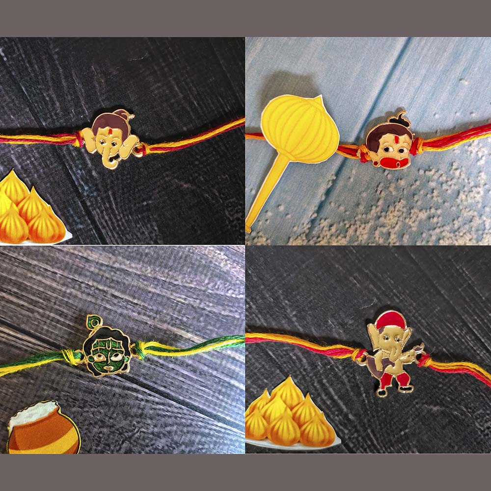 Mahi Combo of Bal Hanuman Bal Ganesh and Bal Krishna Kids Rakhi with Meena Work (RCO1105324Z)