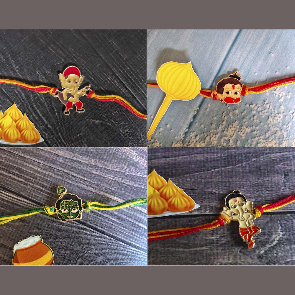 Mahi Combo of Bal Hanuman Bal Ganesh and Bal Krishna Kids Rakhi with Meena Work (RCO1105327Z)