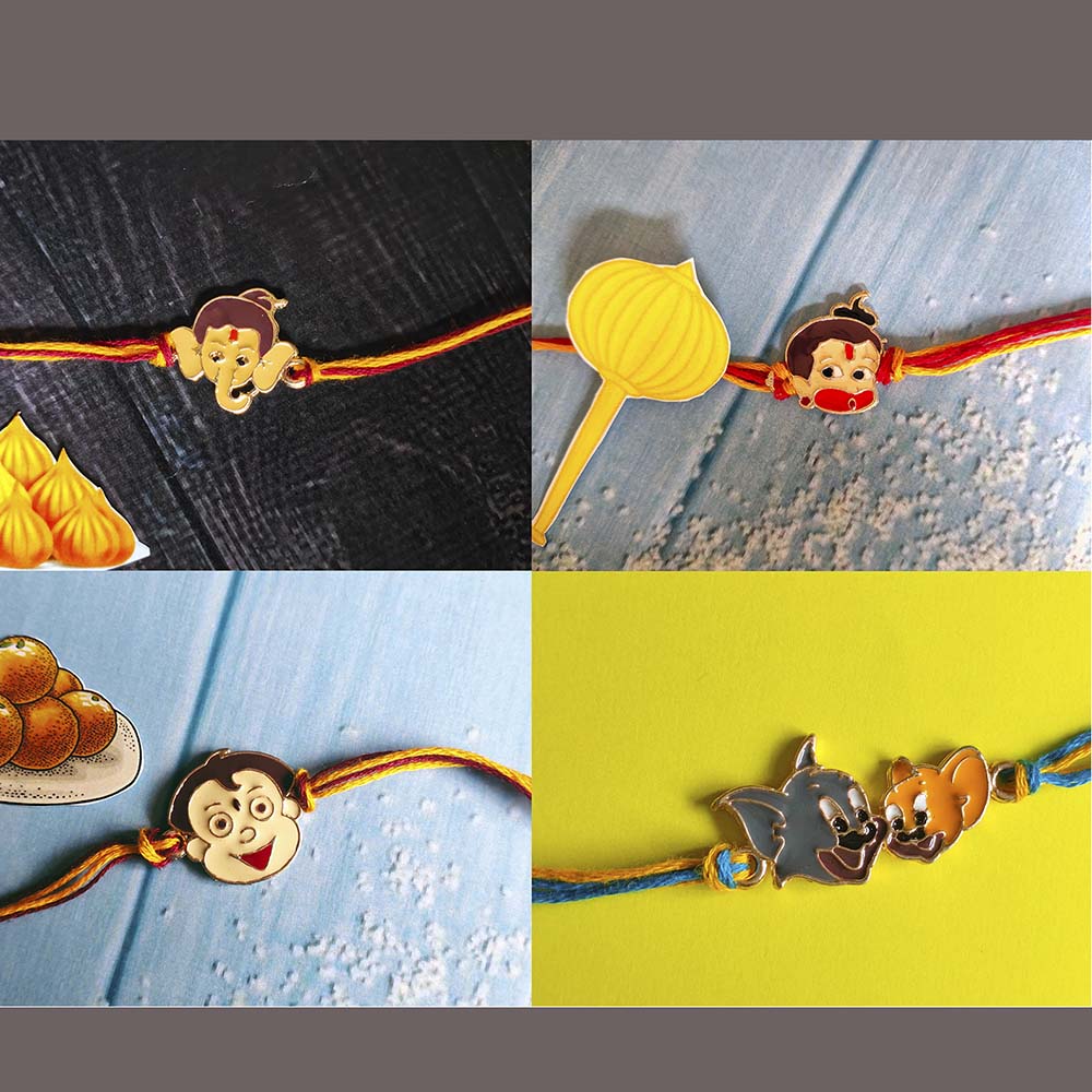 Mahi Rose Gold Plated Combo of 2 God and 2 Cartoon Rakhis for Kids (RCO1105328Z)