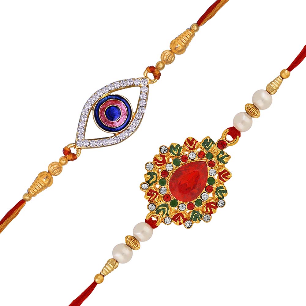 Mahi Combo of Classic Designer and Evil Eye Rakhis for Meena Work and Crystals for Bhai (RCO1105416G)