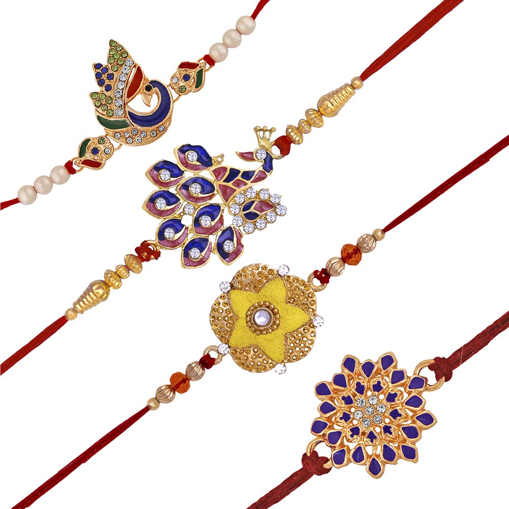 Mahi Combo of Peacok and Floral Shaped Meena Work and Crystals Rakhi's for Bhaiya (RCO1105418M)