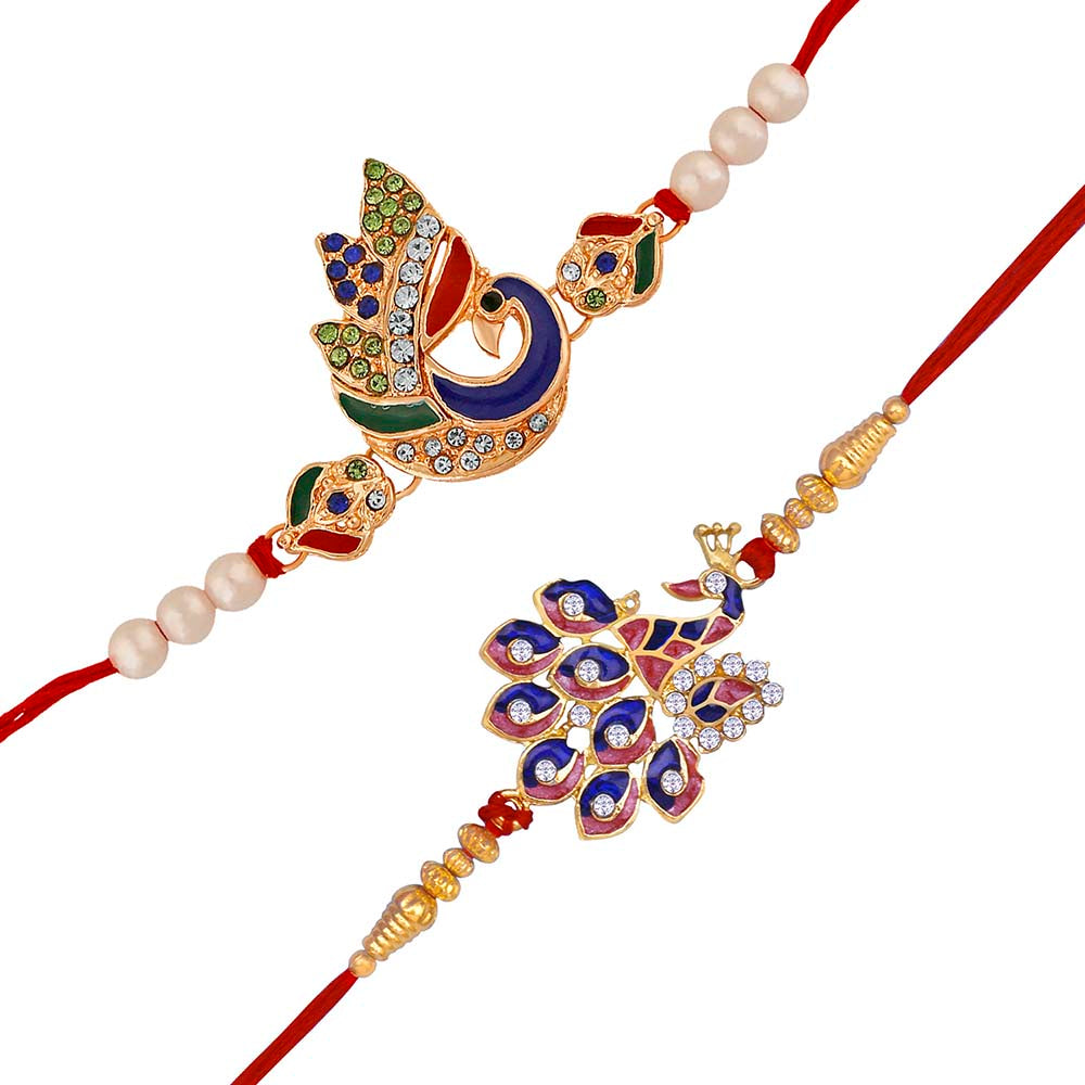 Mahi Combo of Peacok and Floral Shaped Meena Work and Crystals Rakhi's for Bhaiya (RCO1105418M)