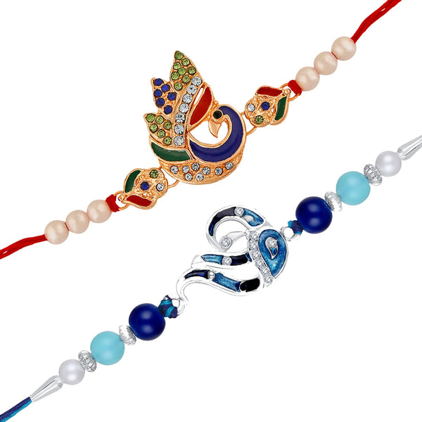 Mahi Combo of 2 Charming Peacock Shaped Rakhis with Meenakari Work and Crystals for Brothers (RCO1105532M)