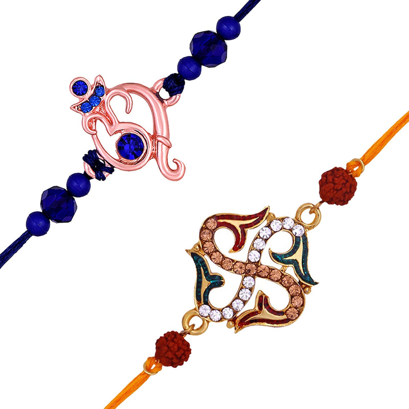 Mahi Combo of Ganesha and Swastik Rakhis with Meenakari Work Crystals and Rudraksha for Bhaiya (RCO1105533M)