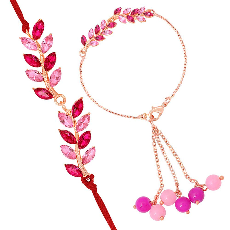 Mahi Light and Dark Pink Leafe Shape Crystals Rakhi Combo for Bhaiya and Bhabhi (RCOL1105340M)