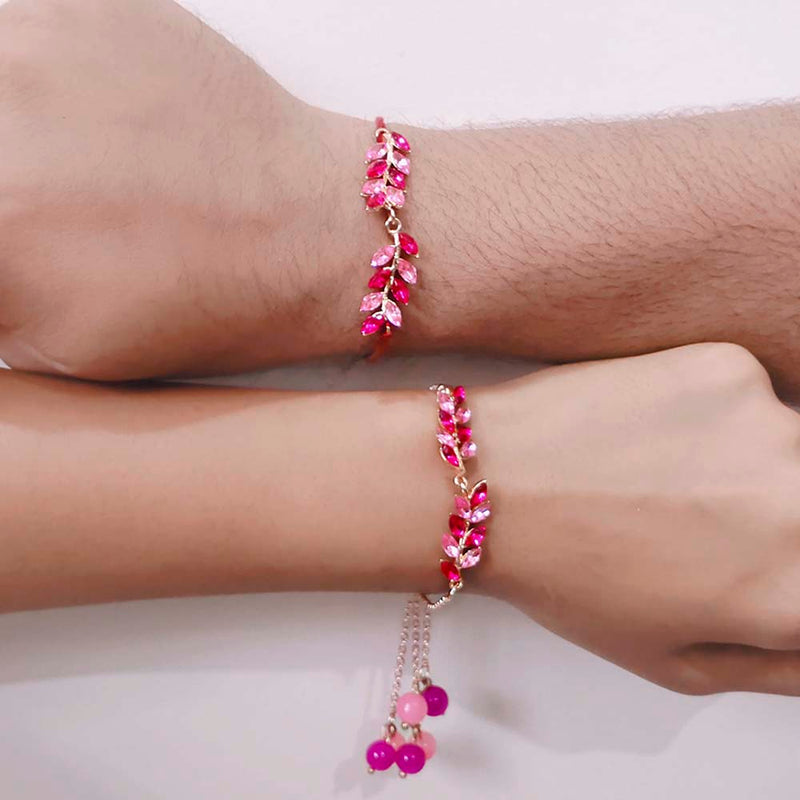 Mahi Light and Dark Pink Leafe Shape Crystals Rakhi Combo for Bhaiya and Bhabhi (RCOL1105340M)