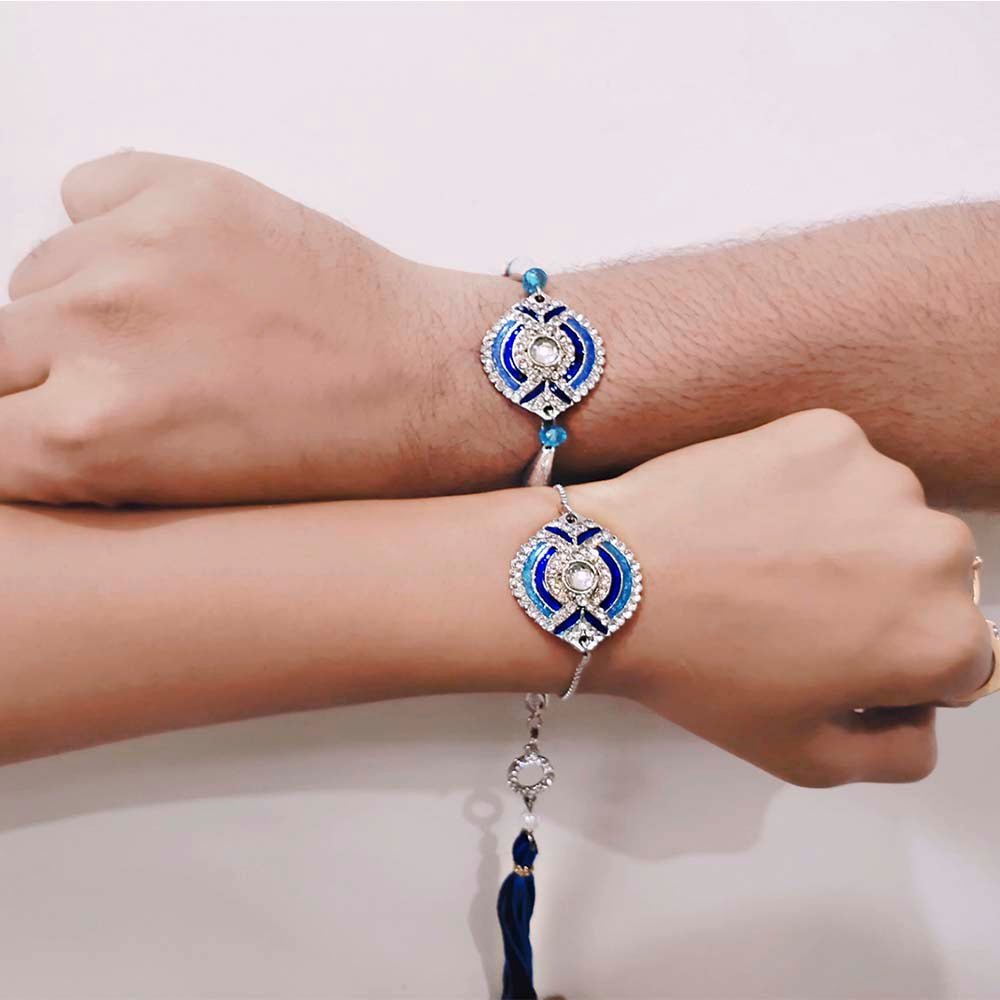 Mahi Blue Meena Work Enamel and Crystals Rakhi Combo for Bhai and Bhabhi (RCOL1105342M)