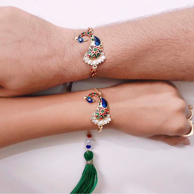 Mahi Peacock Shaped Meenakari Combo Multicolor Rakhi for Bhaiya and Bhabhi (RCOL1105344M)