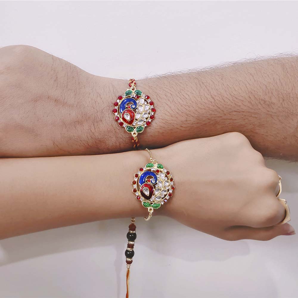 Mahi Peacock Shaped Meenakari Work colorful Rakhi Combo with Beads and Crystals for Bhaiya and Bhabhi (RCOL1105345M)