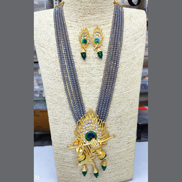 Glass Crystal Beaded Lord Krishna Murli Pankha Kundan Necklace Set