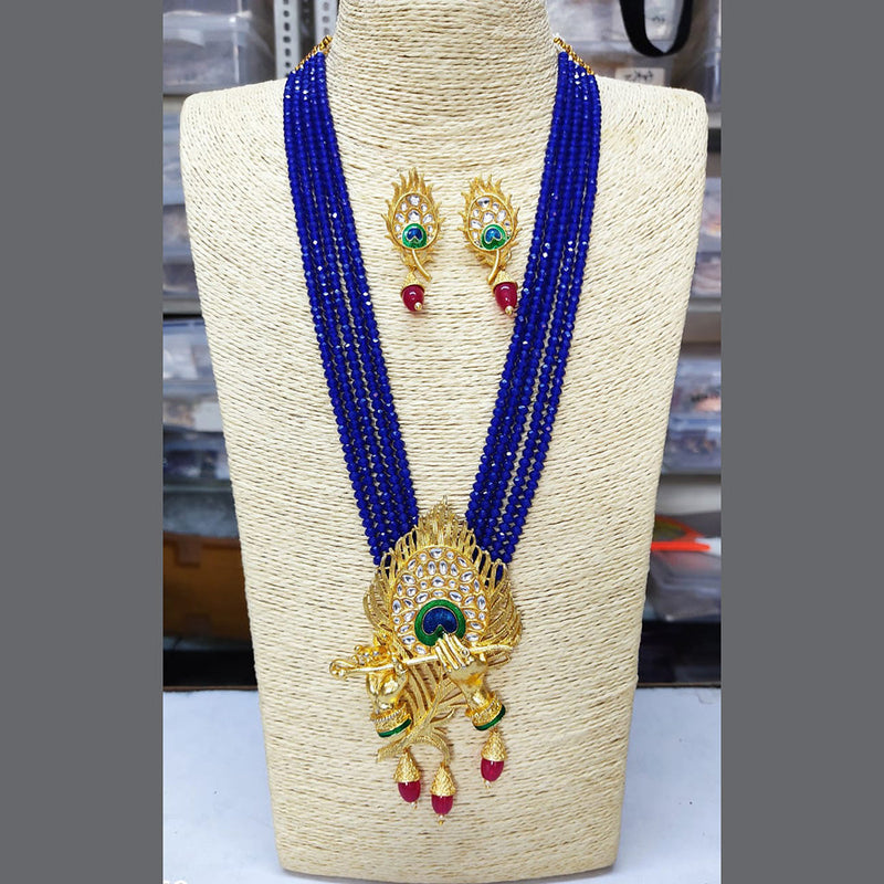 Glass Crystal Beaded Lord Krishna Murli Pankha Kundan Necklace Set Blue