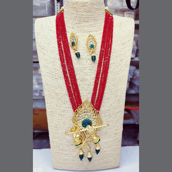 Glass Crystal Beaded Lord Krishna Murli Pankha Kundan Necklace Set Red