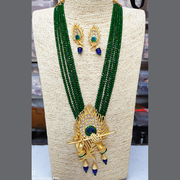 Glass Crystal Beaded Lord Krishna Murli Pankha Kundan Necklace Set Green
