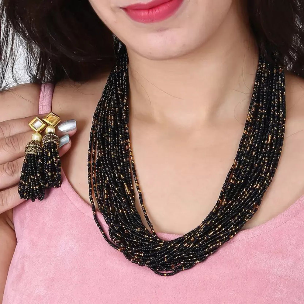 Beadsnfashion Glass Seed Beads Beaded Multilayer Necklace Set Black