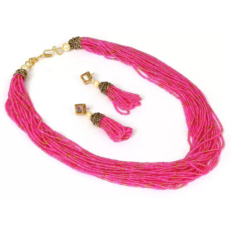 Beadsnfashion Glass Seed Beads Beaded Multilayer Necklace Set Dark Pink