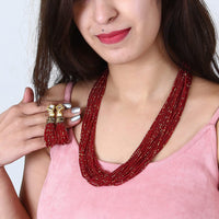 Beadsnfashion Glass Seed Beads Beaded Multilayer Necklace Set Maroon