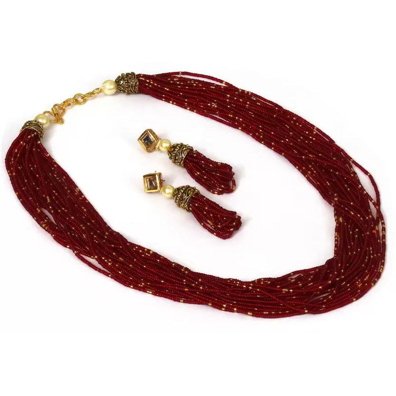 Beadsnfashion Glass Seed Beads Beaded Multilayer Necklace Set Maroon