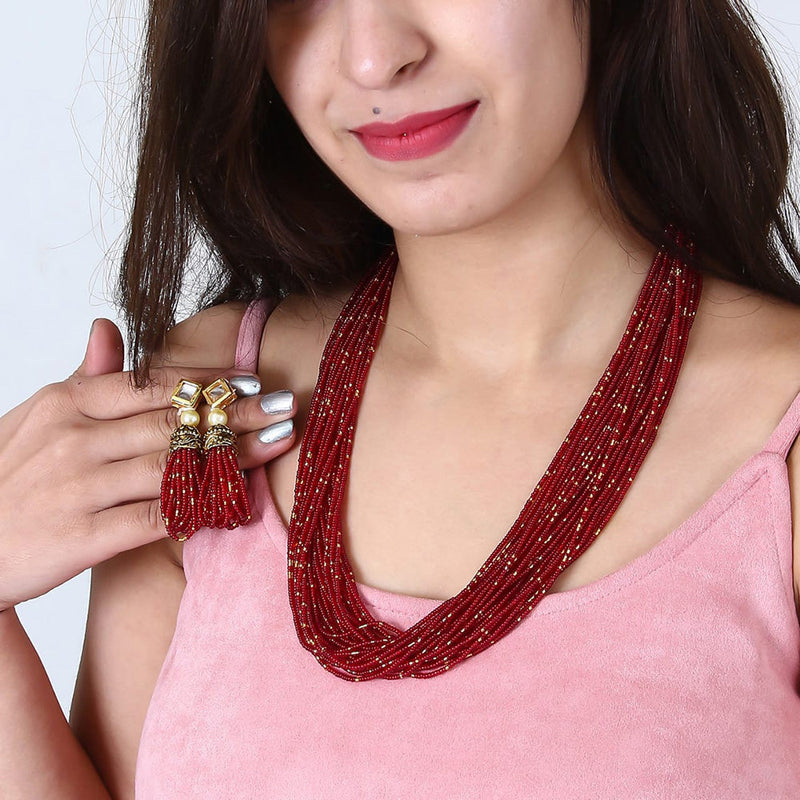 Beadsnfashion Glass Seed Beads Beaded Multilayer Necklace Set Maroon
