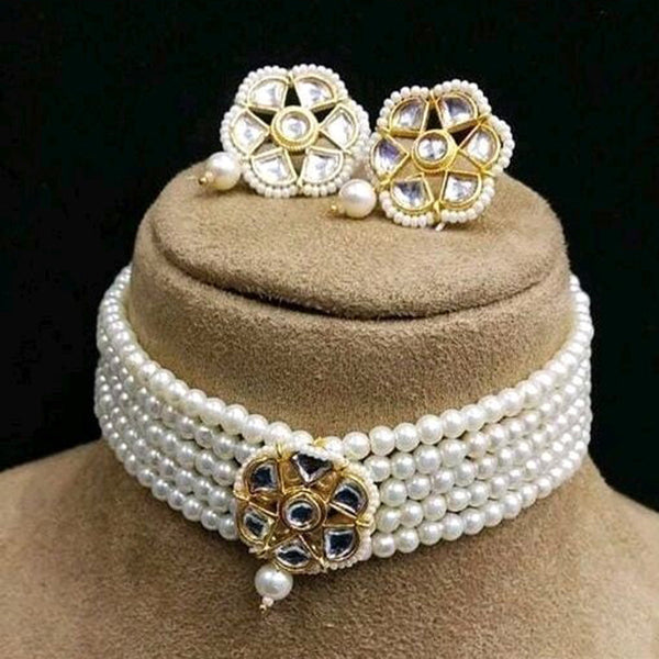 Beadsnfashion Glass Pearl Beaded Kundan Choker Set White