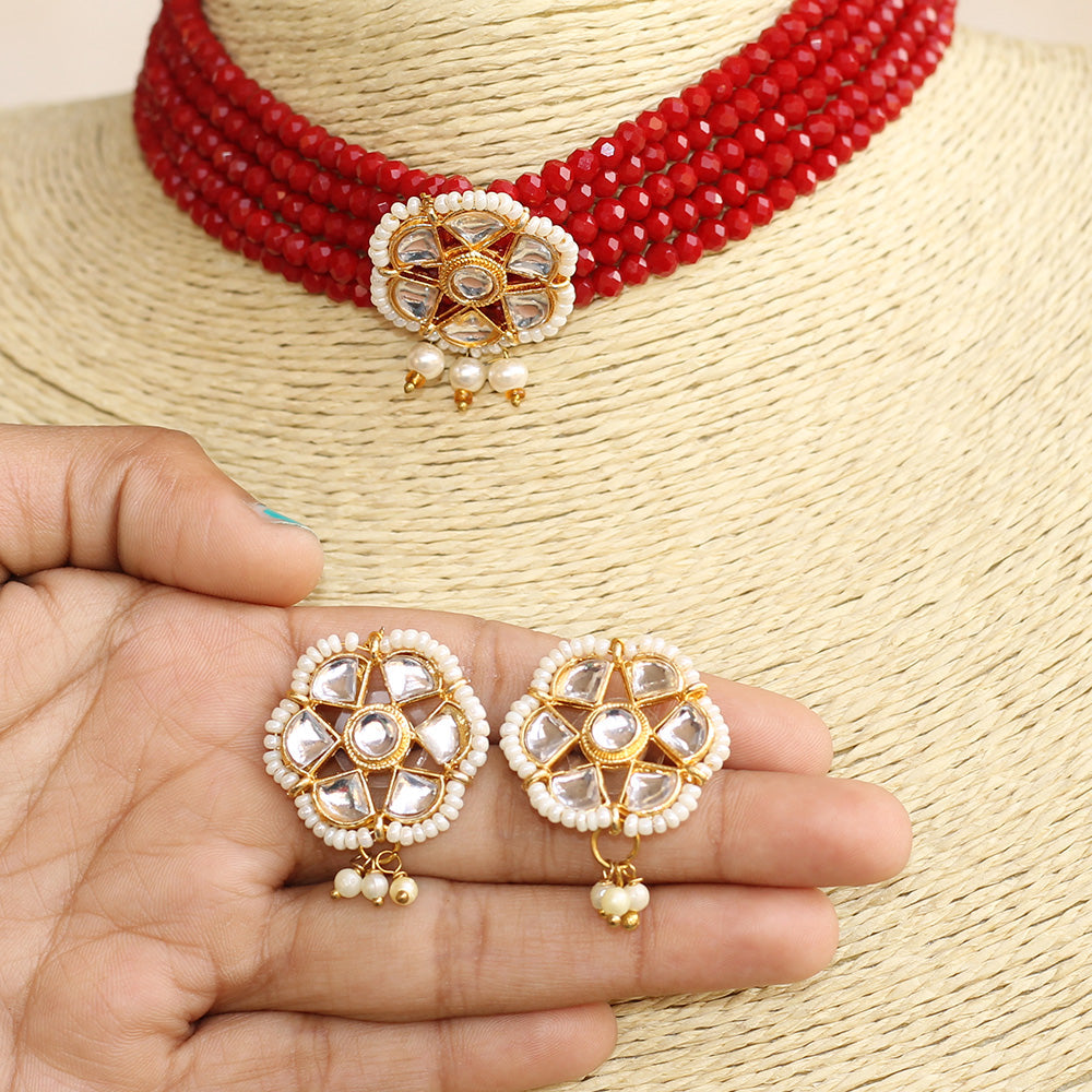 Beadsnfashion Glass Crystal Beaded Kundan Choker Set Maroon