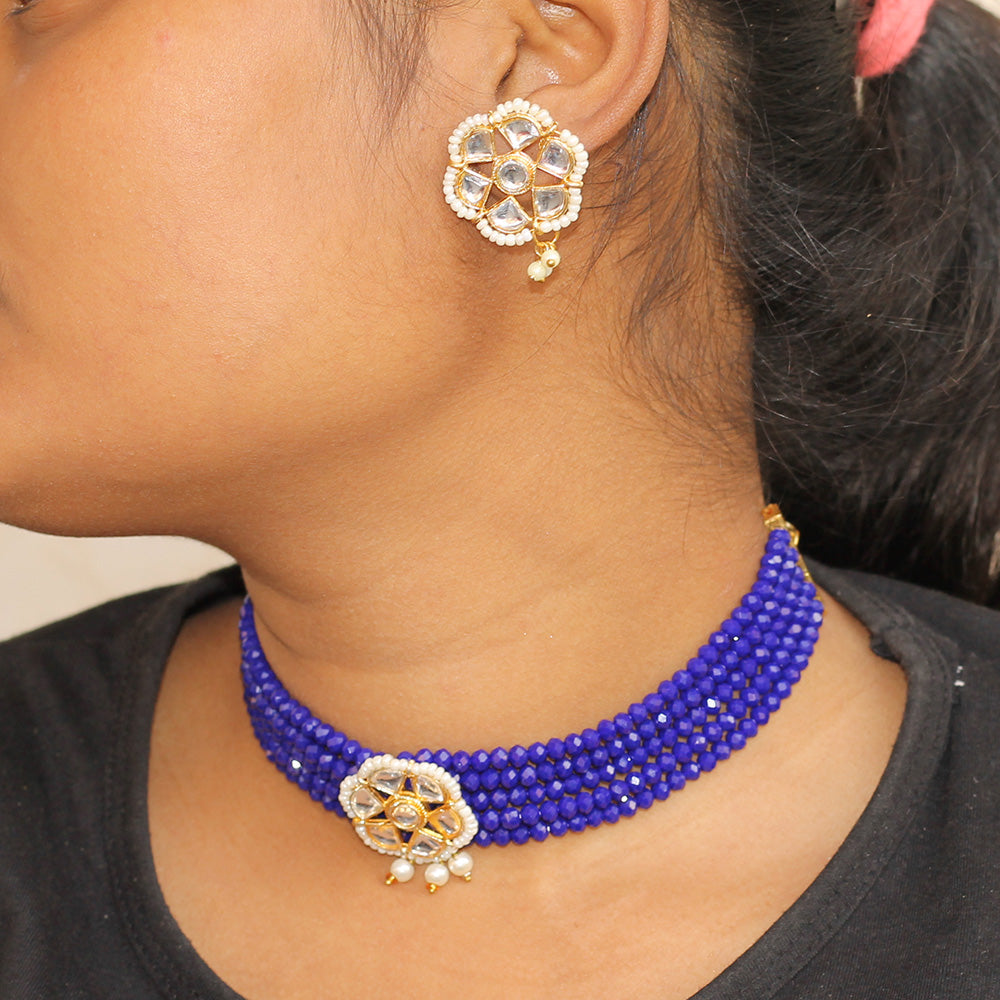 Beadsnfashion Glass Crystal Beaded Kundan Choker Set Blue