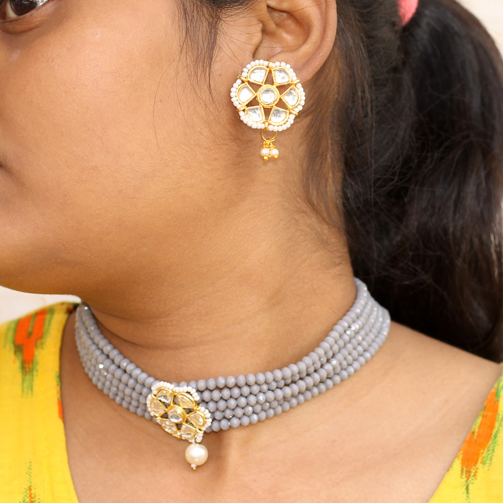 Beadsnfashion Glass Crystal Beaded Kundan Choker Set Grey