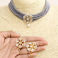 Beadsnfashion Glass Crystal Beaded Kundan Choker Set Grey