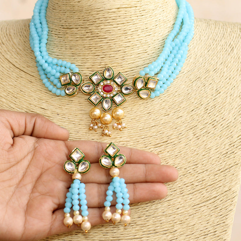 Beadsnfashion Glass Crystal Beaded Kundan Choker Set Sky Blue