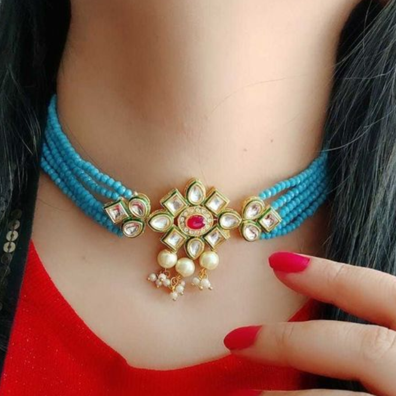 Beadsnfashion Glass Crystal Beaded Kundan Choker Set Sky Blue