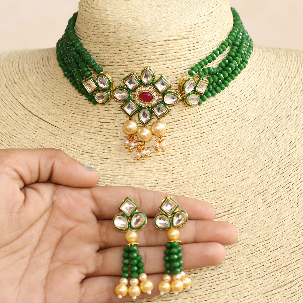 Beadsnfashion Glass Crystal Beaded Kundan Choker Set Green