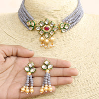 Beadsnfashion Glass Crystal Beaded Kundan Choker Set Grey